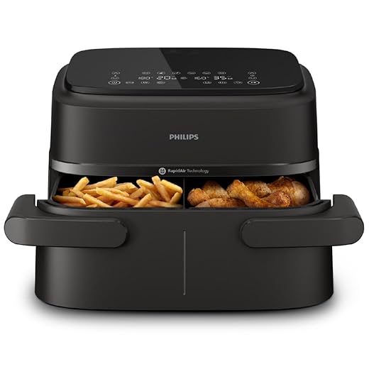 Philips Airfryer Serie 1000, Friggitrice ad Aria con Singolo/Doppio Cestello Flexi da 7.1L e Separatore, Doppia Resistenza e Termostasti Separati, RapidAir, 10 Modalità, Compatto, HomeID (NA154/00)