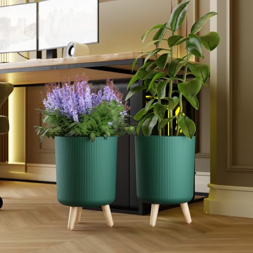 Image of StyleX Store Modern White Flower Pot with Plastic Legs | Indoor Outdoor Planter for Home Garden Balcony Decor Ribbed Design Sturdy Plastic Mid-Century Style (Green Pack of 2)