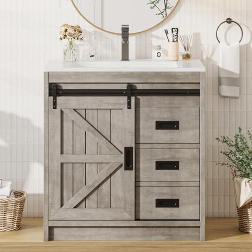 AMERLIFE Farmhouse Bathroom Vanity with Sink Combo, 31in Sliding Barn Door Bathroom Vanity Cabinet Set with Storage Drawers, Metal Handles, Small Single Bath Storage Vanity Sink, Light Grey