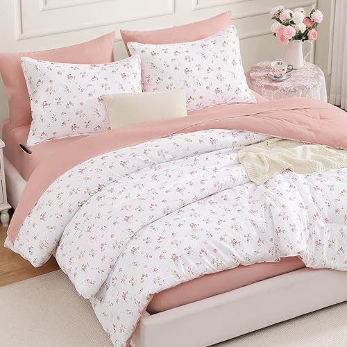 Image of Andency Floral Comforter Set, 5 Pieces Cute Blush Pink Bedding Sets, Coquette Cottagecore Flower Dorm Bedding, Soft Lightweight Kids Bed Twin Comforter with Sheets, Pillowcases & Shams for Teen Girls