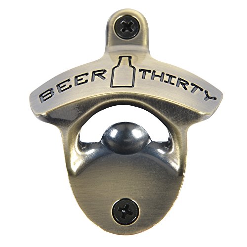 Barware Gear Wall Mounted Bottle Opener Beer Thirty with Free Stainless Steel Mounting Screws. Pop the cap and open your Beer and Soda in Style. Wall Hung Beer Opener for Bar or Kitchen. Antique Brass
