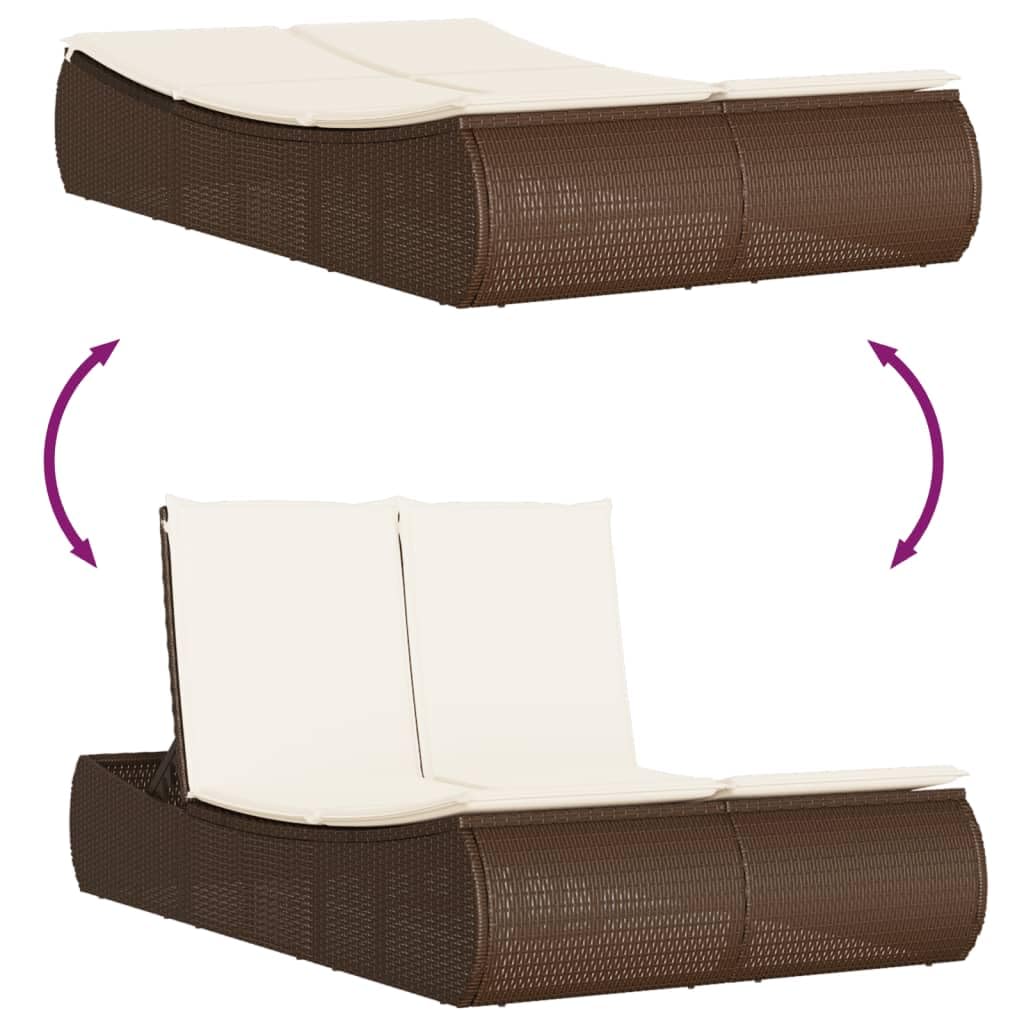 Lettino Prendisole doppio in Polyratan Marrone con Cuscini sfoderabili e lavabili, Divano letto da esterno con schienale regolabile 3 posizioni, 280kg 110x200x75cm, giardino terrazza piscina