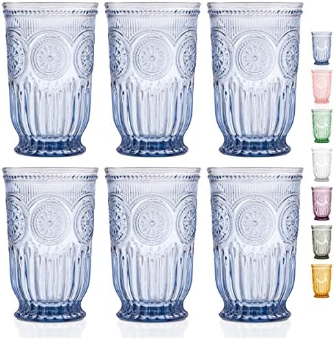 Yungala Blue Glass Tumblers set of 6 Highball glasses, Dishwasher Safe Blue Glassware made from Blue Glass, 6 colored drinking glasses