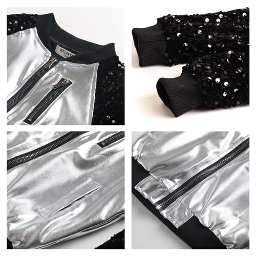 Image of WELAKEN Girls Sequin Sparkle Zip Bomber Jacket | Sequin sleeves, shiny bomber style, ribbed trim, smooth zipper and side pockets for party, dance, school and photos
