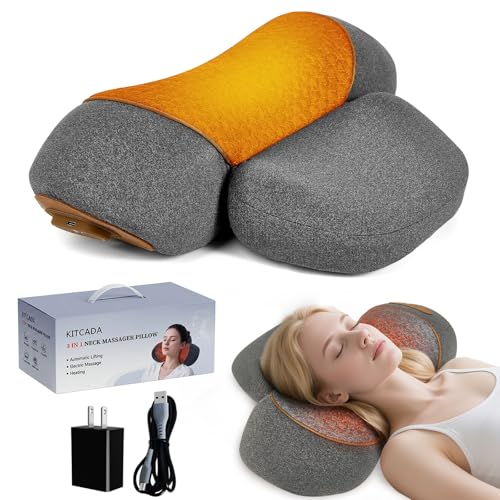 KITCADA Neck Massager Pillow - 3-in-1 Neck Pillow with Battery Travel Neck Massager Pillow for Shoulder Pain Relief Deep Tissue Pain Relief with Heat and Stretching Neck Hump Corrector for Women
