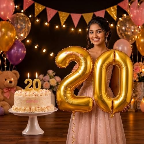 Image of Balloonistics Gold 40-Inch Foil Number 20 Balloon with Matching Number Candle - Combo Set for 20th Birthday, Anniversary, Party Decoration, Photo Booth Backdrop, Cake Table Decor