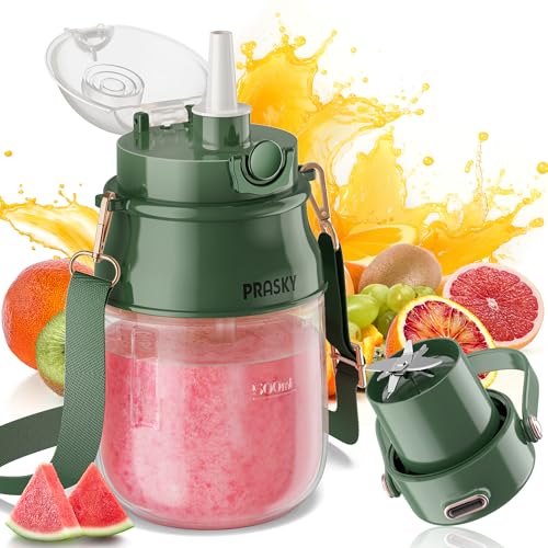 Image of Portable Blender, Prasky Personal Blenders for Shakes and Smoothies with 27oz Cup, Lid and Shoulder Strap, Type-C USB Rechargeable, Personal Size Blenders BPA-free for Travel /Kitchen(Green) | Mini Blender, Type-C USB Rechargeable, BPA-Free, for Gym /Travel /Kitchen, Shakes, Smoothies, Green