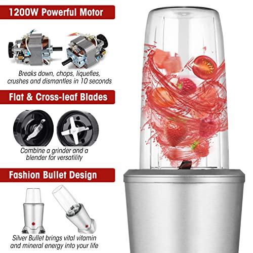 1200W Personal Bullet Blender For Shakes And Smoothies, Regenerate Nutri Aluminum Large Capacity Mixer With Blending & Grinding Blades For Kitchen, Tritan 34+17 Oz Travel Bottles For Fruits, Vegetables, Coffee, Countertop, Silver #TOP2