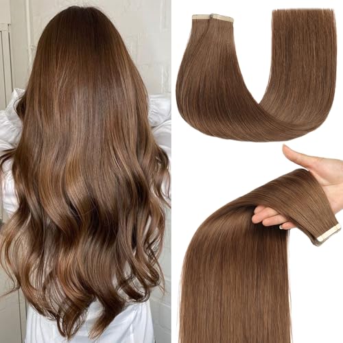 Image of Tape in Hair Extensions Human Hair for Women 20pcs 18 Inches Hair Extensions Real Human Hair Tape Ins Invisible Human Hair Tape in Extensions Skin Weft Medium Brown (6#,18 Inch)