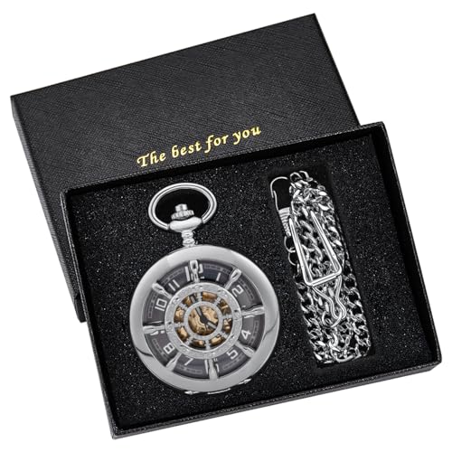 Image of Men's Mechanical Pocket Watch Black Rudder Pattern Double Open Hollow Roman Numerals Pocket Watch