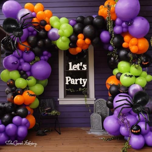 Image of Black Purple Balloon Arch Double Stuffed Latex Orange Green Metallic Purple Black Balloon Garland for Halloween Thanksgiving Wednesday Birthday Vampire Retirement Prom Decor