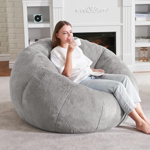 Image of Hobestluk Large Bean Bag Chair for Adults to Relax, Donut-Shaped (Grey) | Special Donut Design, Memory Foam Filling, Comfortable Stuffed Sofa, Relaxing, Reading or Playing, Soft Plush Faux Fur Fabric