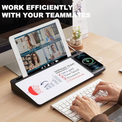 Image of Small Glass Desktop Whiteboard Dry-Erase-Board - Computer Keyboard Stand with Wireless Charger White Board Surface Pad with Drawer, Desk Organizers with Accessories for Office, Home, School Supplies