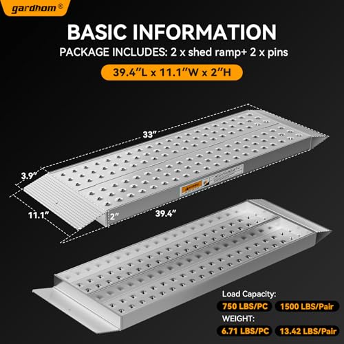 image for Aluminum Shed Ramps 39x11inch, gardhom 2PCS Riding Mower Ramps 1500lbs