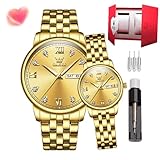 OLEVS Coppia orologio orologio impermeabile in acciaio inox luce notturna calendario orologio al quarzo, Cinturino per orologio in oro 5525, Classico
