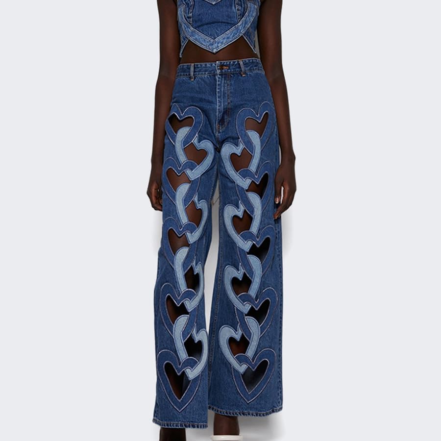 Women's Fashion Sexy Jeans Hollow Out Heart Ripped High Waisted Straight Leg Pants3