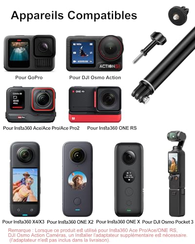 Perche selfie GoPro Hero 13 télescopique 92cm compatible DJI Osmo Action 5