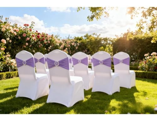 Image of Lavender Chair Sashes 50 Pack, Spandex Chair Bands with Buckles for Wedding Party, Elastic Chairs Bows for Birthday Decoration