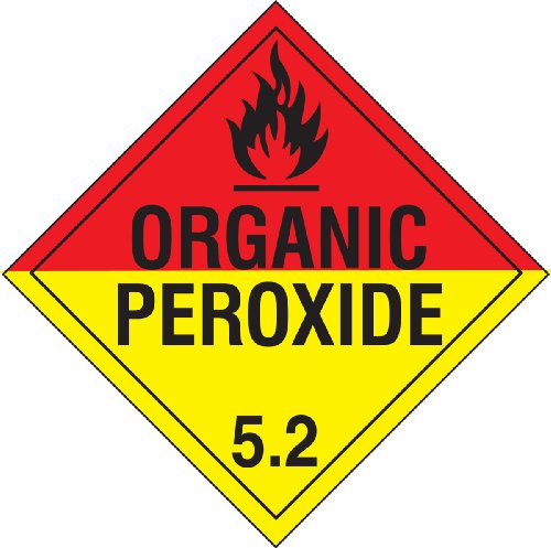 Image of Accuform MPL504VP50 Plastic Hazard Class 5 /Division 2 DOT Placard, inchOrganic Peroxide 5.2 inch with Graphic, 10-3 /4 inch Width x 10-3 /4 inch Length, Black on Red and Yellow (Pack of 50)