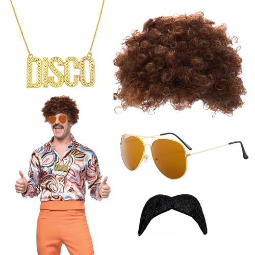 QSZHSL 4 Piezas Conjunto de Disfraces de Hippies, Peluca Afro y Peluca Hombre, Disfraz Hippie Años 70 80 para Fiesta de Tema Retro 50/60/70s