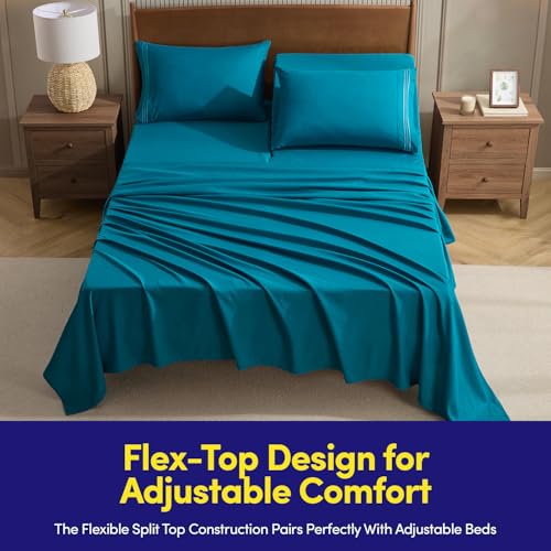 Image of Split Head King Sheets Set for Adjustable Beds 4 Piece Flex Top Bed Sheets - Deep Pocket Split Top Fitted Sheet with Built-in Corner Straps, Luxury Soft Cooling Bedding, Wrinkle Resistant, Teal