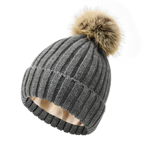 Century Star Womens Satin Lined Winter Beanie with Detachable Faux Fur Pom Pom, Warm Knit Cuffed Hat for Cold Weather Grey One Size