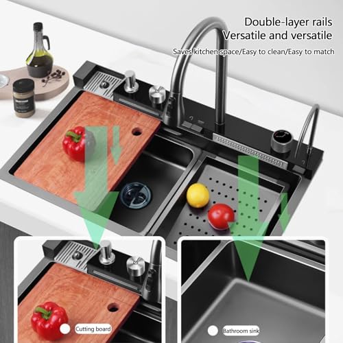 Fregadero cocina cascada con múltiples accesorios para solucionar la falta de espacio 7