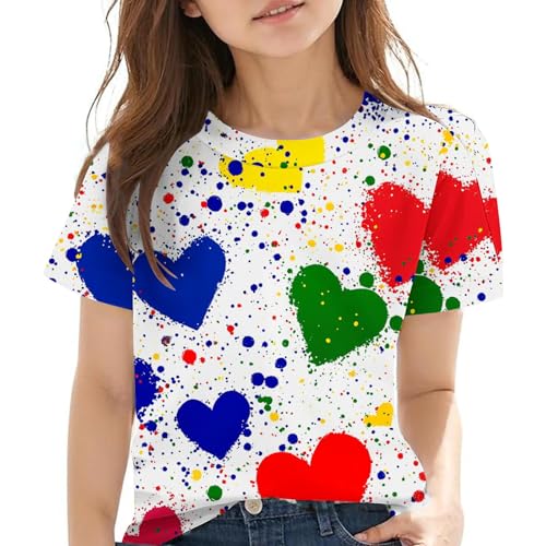KIDSZJA Blusas para niña, uniforme escolar, capa inferior, manga corta, estampado en forma de corazón, actividades nocturnas, aventuras, camisetas de cuello redondo, ropa básica de algodón, ropa