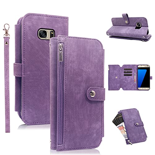 Compatible with Samsung Galaxy S7 Edge Wallet Case 9 Card Slots Retro Leather Flip Credit Card Holder Cell Accessories Purse Lanyard Wrist Phone Cover for S7edge S 7 GS7 7s 7edge Women Men Purple -  Furiet, for SM S7 edge