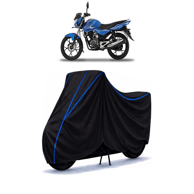 Image of Bajaj Discover 100 M Bike Cover Water Resistant Universal Motorcycle Rain | Heavy Duty UV Protection, Dust, Scratch Indoor Outdoor All Weather with Black Blue Piping Elastic