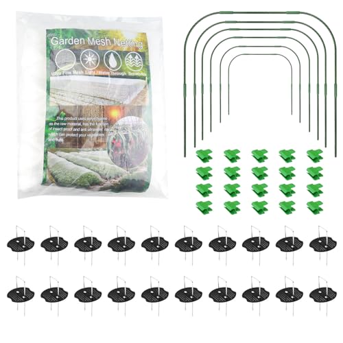 Homvvi 6 Pack Greenhouse Plant Hoops Rust-free Garden Hoops for Raised Beds Garden Netting Fine Mesh 3 * 6M 121 Pcs Plant Grow Tunnel Kit - 32 Inch Detachable Support Hoop Frame with Garden Mesh