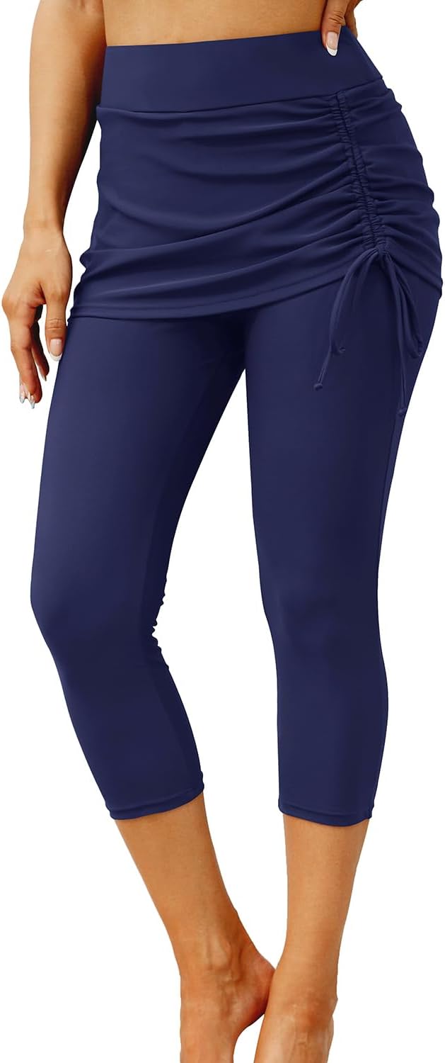 Pinup Fashion Skirted Swim Pants - Women Swimming Capris Leggings Swimwear High Waisted UV Swim Tights