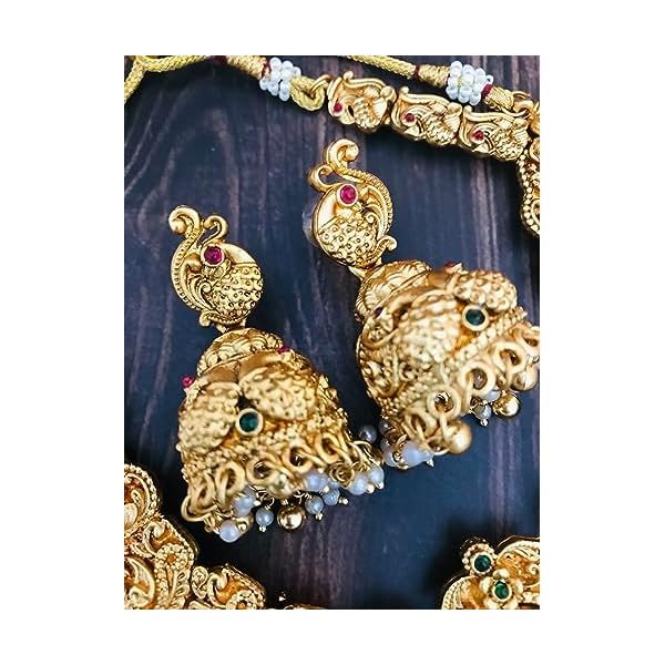Sattyaki Gold-Plated Traditional South Indian AuspiciousTemple Jewelry Bridal Lotus On Lakshmi Double Large Necklace Set White Beads with Jhumki Earrings in beadwork for Women. - Image 5