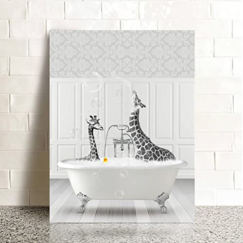 Soothan Canvas Wall Art Print Funny Bathroom Wall Decor Happy Giraffes With Yellow Duck In Bathtub Picture Painting Black White Illustration Artwork For Home Bathroom Decor Framed Ready To Hang 12X16 #TOP2