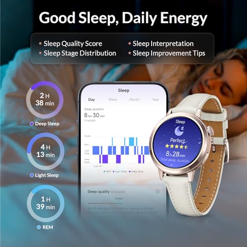 FANY Smart Watch for Women, 1.1'' AMOLED Ultra-Clear Display with Aluminum Case & Leather Band, Fitness Tracker with Sleep/Heart Rate/SpO2/ Breathing/Step Monitor, 110+ Exercise Modes for Android/iOS - image 4