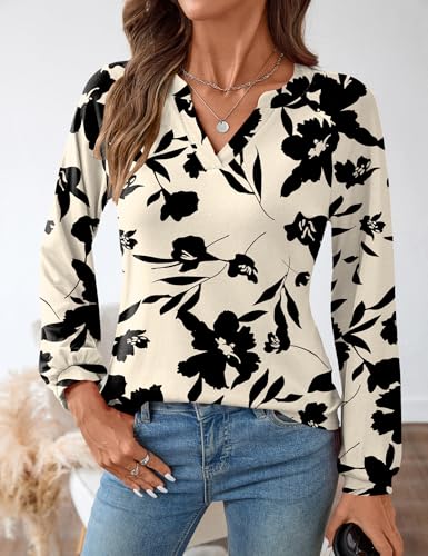 AKEWEI Womens Fall Shirts for Teachers Long Sleeve V Neck Blouse Casual Business Floral Tees Spring Fashion Apricot Black Flower XL — view 4