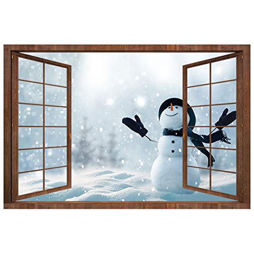 DNVEN 3D Fake Wood Window White Cute Snowman Scenery High Definition False Faux Window Frame Window Mural Vinyl Bedroom Living Room Playroom Wall Decals Stickers 28 inches x 20 inches