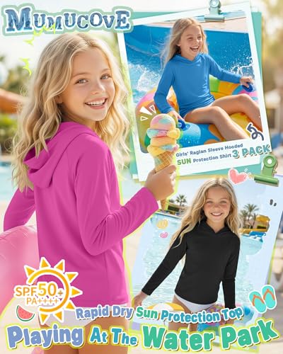 Image of 3 Pack Girl's Long Sleeve Sun Shirts UPF50+ Sun Hoodies UV Protection Quick Dry Rash Guard Lightweight Swim Shirt