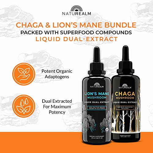Naturealm Lion's Mane & Chaga Mushroom Extract - Adaptogen Stack For Focus, Immunity, Longevity, Stress Relief, Gut Health, Anti-Aging, Energy & More - Organic Liquid Drops - 50 Ml Each (2 Pack) #TOP1