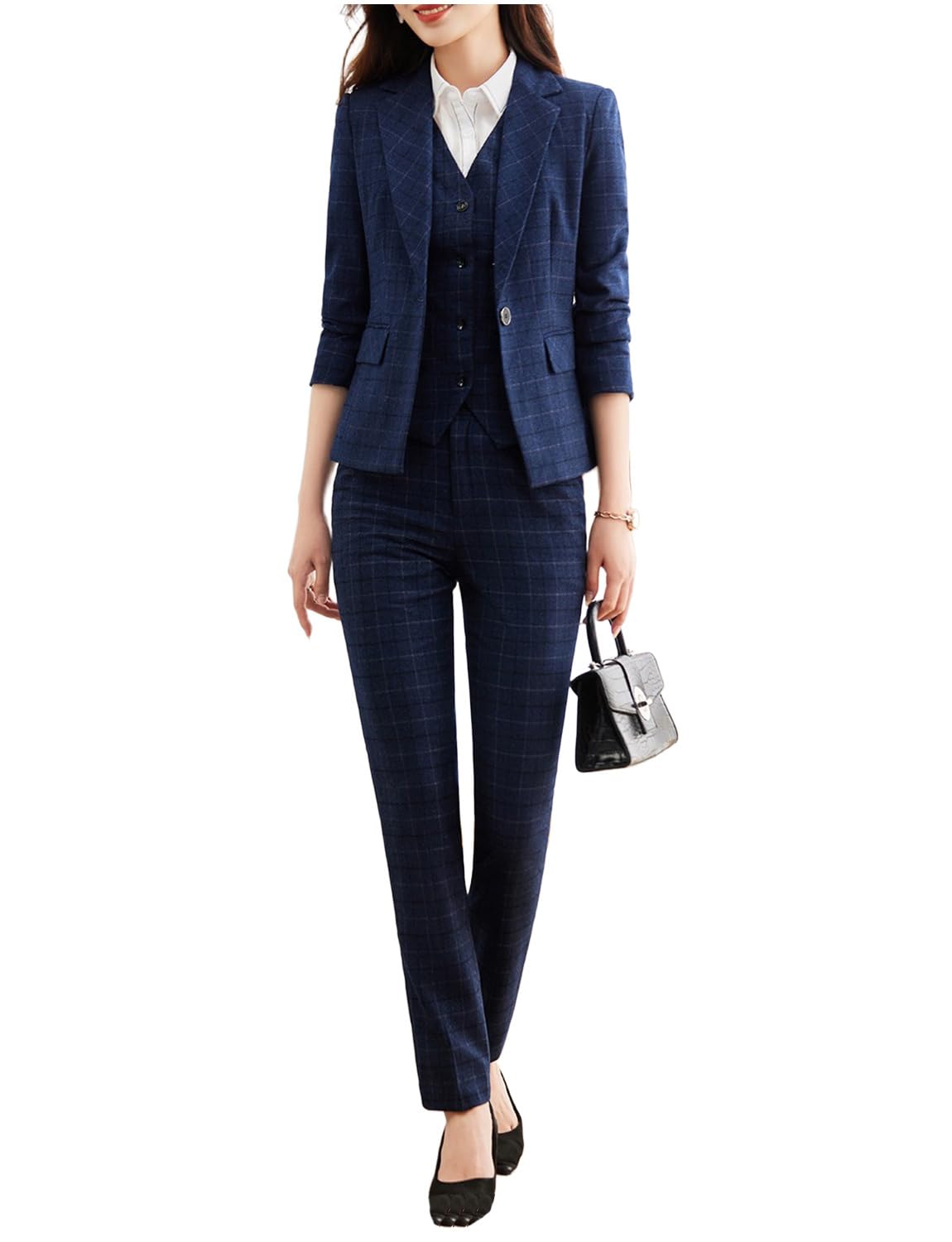 Womens Plaid Suit Three Pieces Single Breasted Button Jacket Vest Pants Office Work Checked Tuxedos