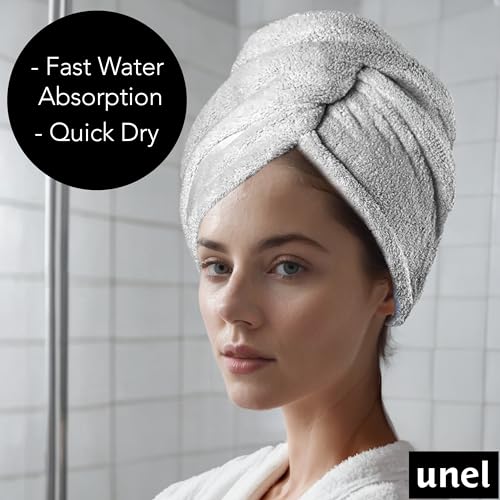 unel Rapid Dry Hair Towel, Microfibre Fast Drying Soft and Anti Frizz Head Towel, Super Absorbent & Soft, 65cm x 25cm (Grey, 2) - Image 4