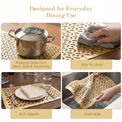 Image of Heart Home Leather Rectangular Table Mats Set of 6 | Washable Placemat /Dining Table Mat for Party, Wedding and Family Functions | Golden