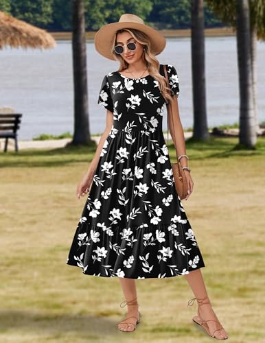 Image of Zeagoo Women Summer Midi A Line Dress Short Sleeve Casual Flowy Tiered Beach Long Sundress with Pockets 2026 Vacation Travel