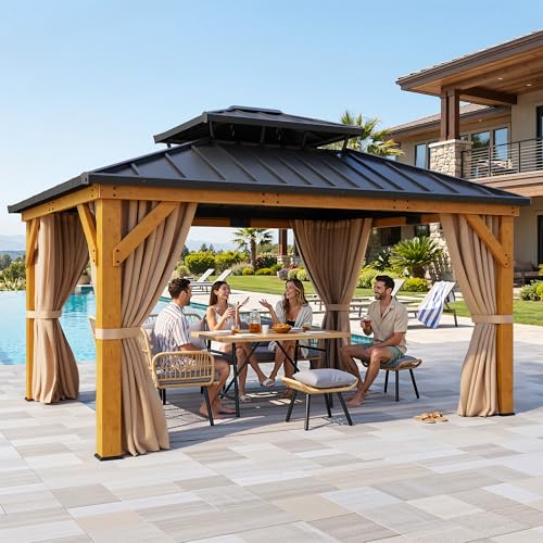YITAHOME 13X15 Wood Gazebo Hardtop with Nettings and Curtains, Heavy Duty Double Roof Galvanized...