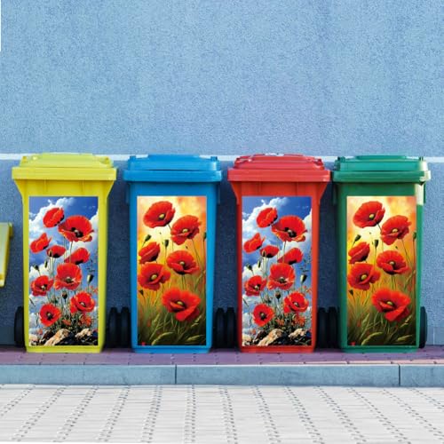 Image of Peacoblue Wheelie Bin Stickers 2 Sheets Papaver Rhoeas Sticky Dustbin Stickers Decals, 15 inch x 32 inch Waterproof Large Wraps for Trash Cans Bins Fridges Door Wall Garden Outdoor Indoor Patio Decor