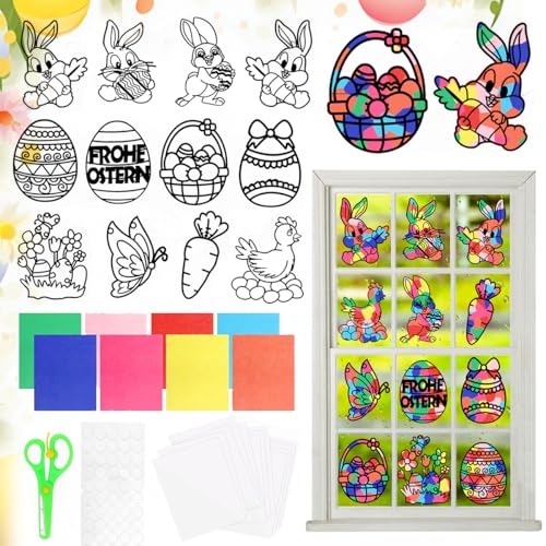 XLZJYIJ 12 Stück Ostern Basteln Kinder, DIY Bastelset Ostern Fensterbilder, ostern Papierbastelset, Fensterbilder ostern Basteln Ostereier basteln Papier Kinder Frühling Hasen Ostereier