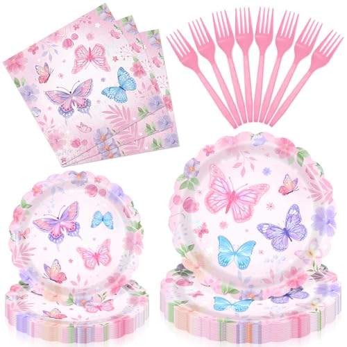 96 Pieces Butterfly Floral Tableware Set Scalloped Edge Garden Flower Disposable Plates Napkins and Forks for Spring Birthday Baby Shower Tea Party Mothers Day Celebrations Serves 24 Guests