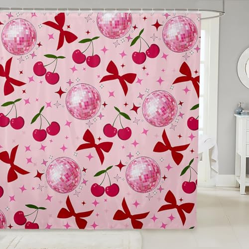 Juego de cortina de ducha con lazo rojo, cortina de baño de cerezo con 12 ganchos, para niños, adolescentes, discoteca, estrella, vaquera, tela impermeable, color rosa, decoración moderna para bañera