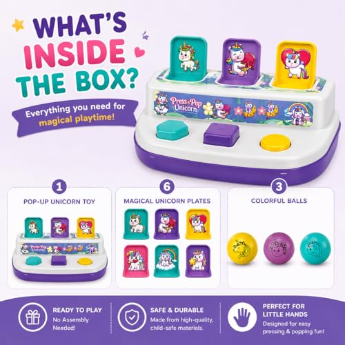 Image of Toymate Press n Pop Unicorn Toy for 18-36 Months | Interactive Pop Up Toy with 6 Unicorn Plates & 3 Balls | Sensory Learning, Fine Motor Skills Toddler