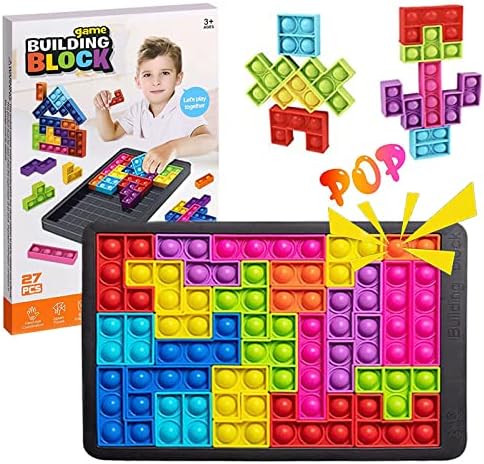 SHEGATO Push It Pop Fidget Toys, Bubble Sensory Toy, Poppits Jigsaw Fidget Toys, Popper Russian Block Game Boards, 26PCS Silicone Puzzle Games to Anxiety and Stress Relief for Girls Boys and Autism